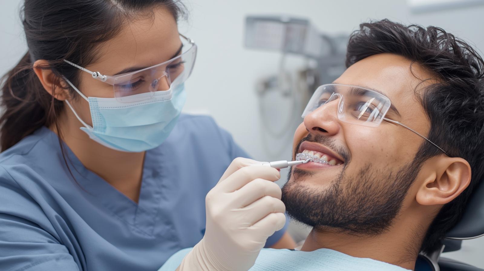 dentist puting patients clear invisalign,, both have eye covers (1) Orthodontics