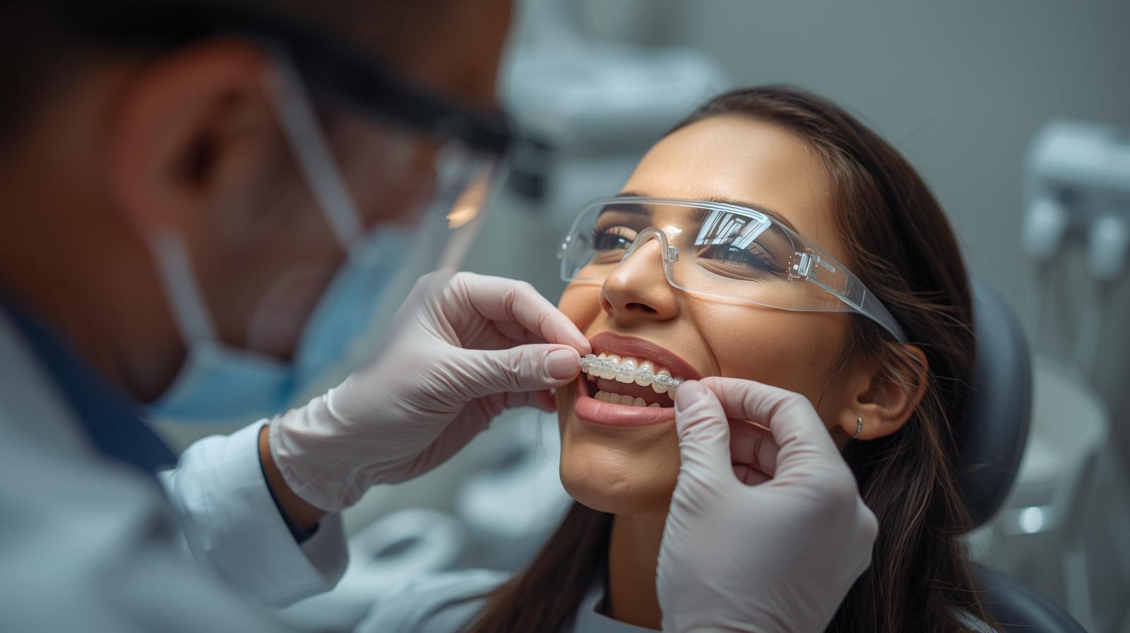 dentist puting patients clear invisalign,, both have eye covers Six month Smiles